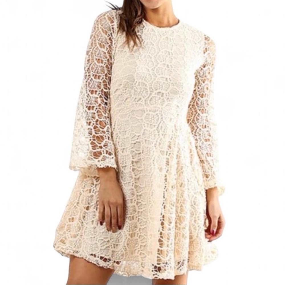 Du Jour Beige Lace-Overlay A-Line Dress, size small
